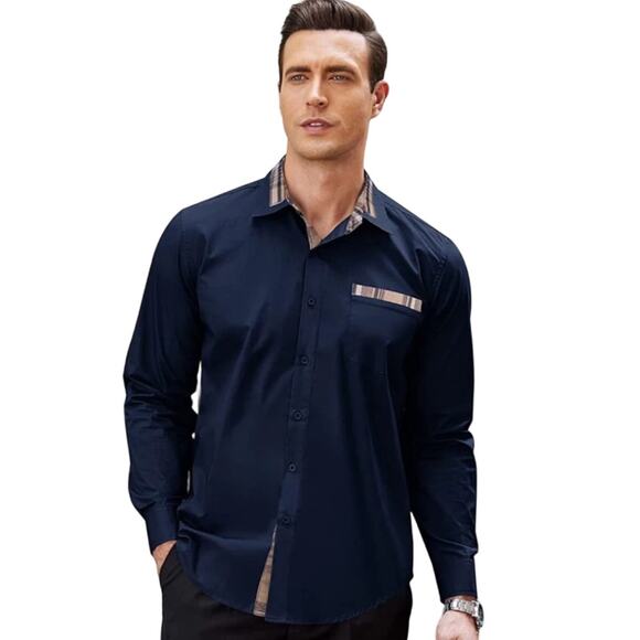 Mens Casual Long Sleeve Button Up with Plaid detail - Picture 1 of 7